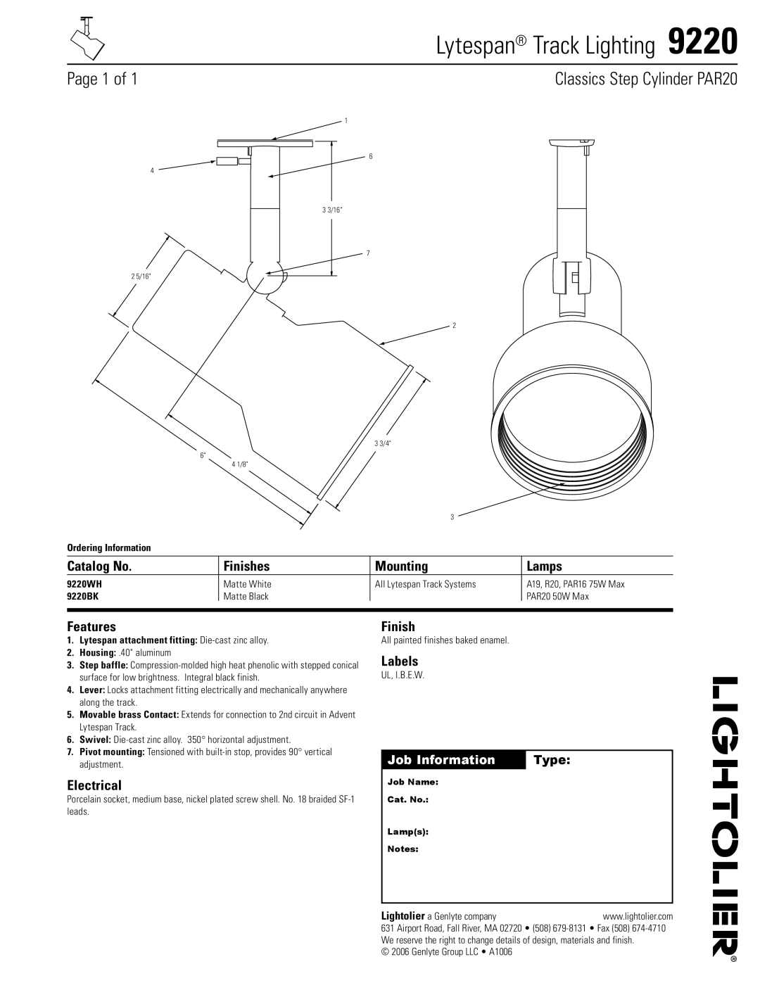 Lightolier 9220 manual Lytespan Track Lighting , Classics Step Cylinder PAR20 